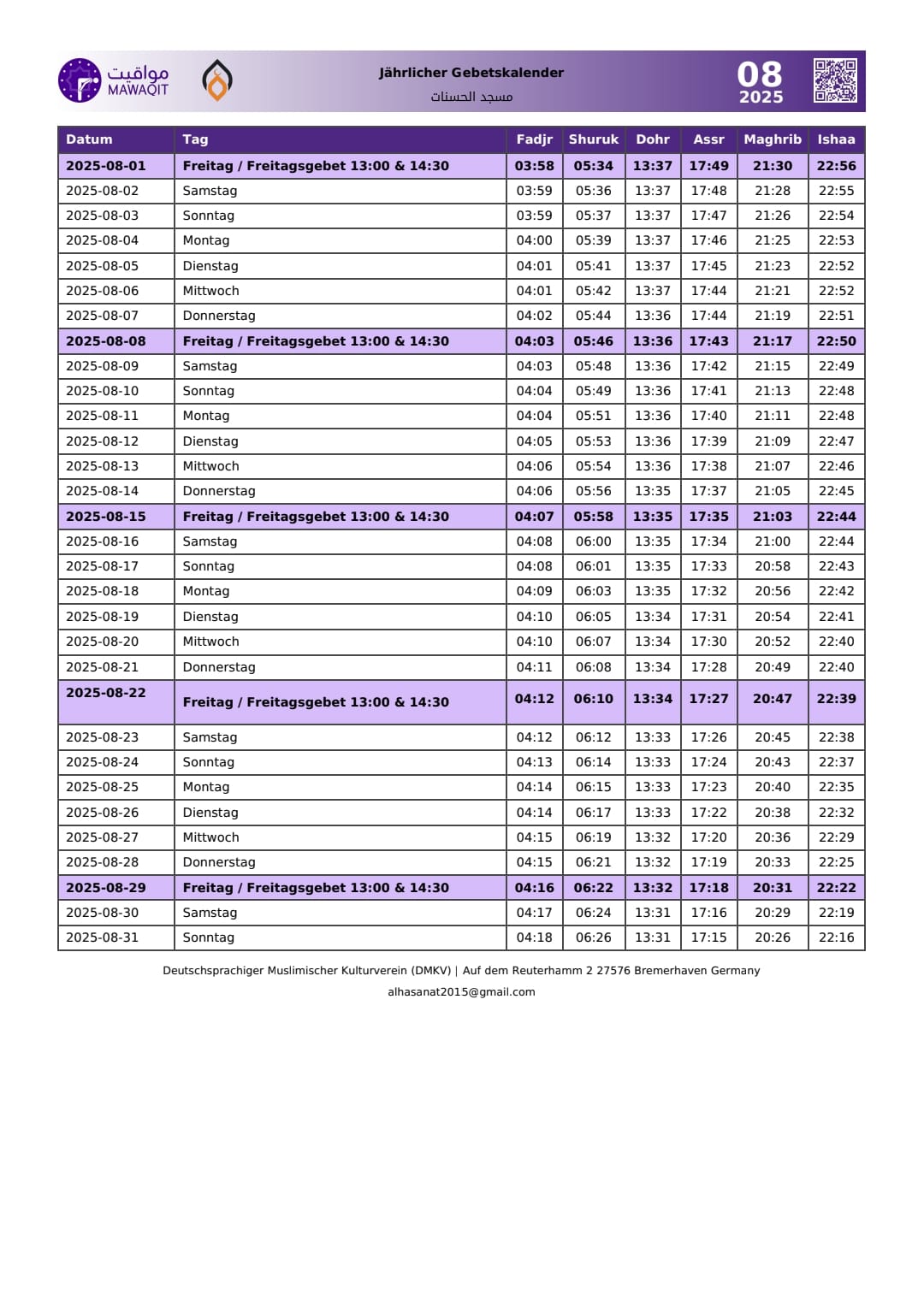 Gebetskalender August 2025
